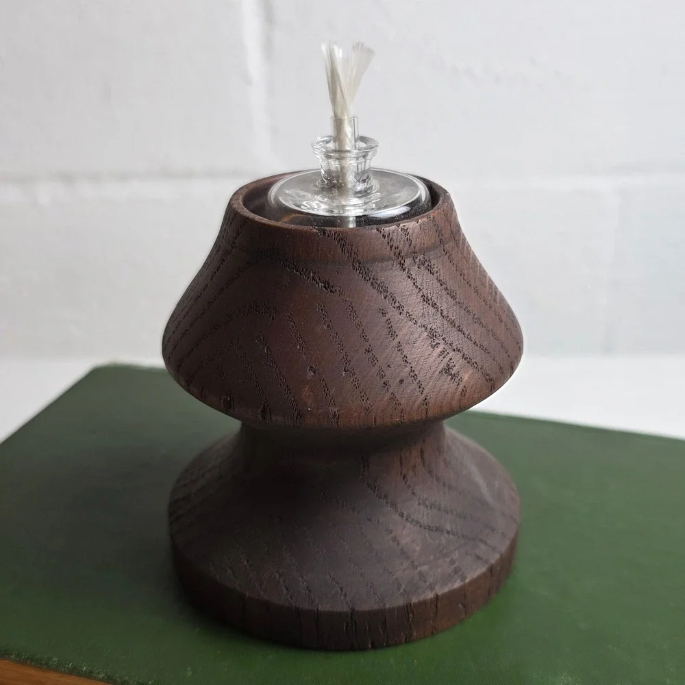 Vintage Hand Turned Oak Wood Oil Lamps Set of 2 Dark Stain Glass Reservoir